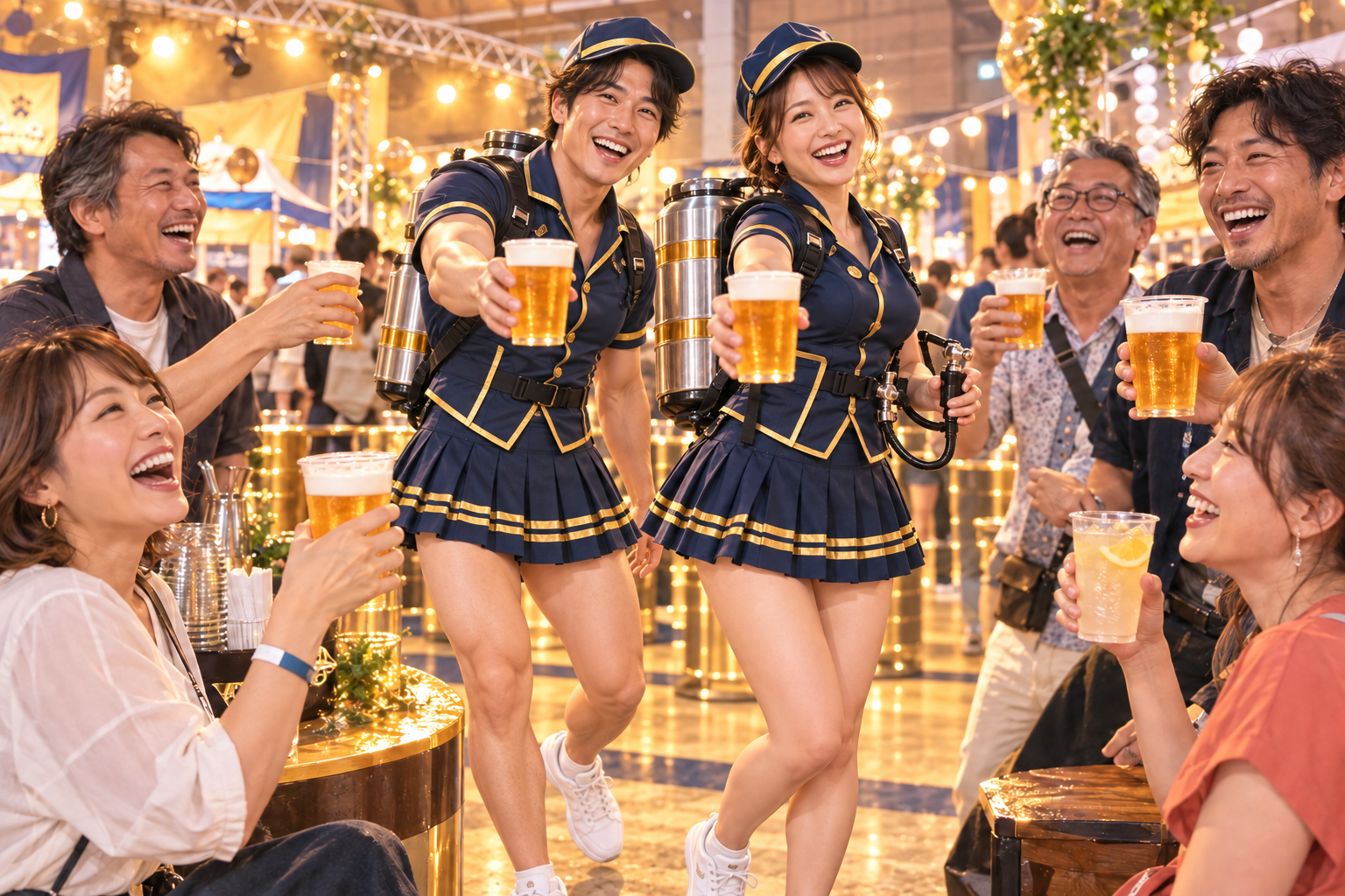 ミニスカート姿の男女スタッフが、サーバーを担いで本気で楽しむフェスのイメージ