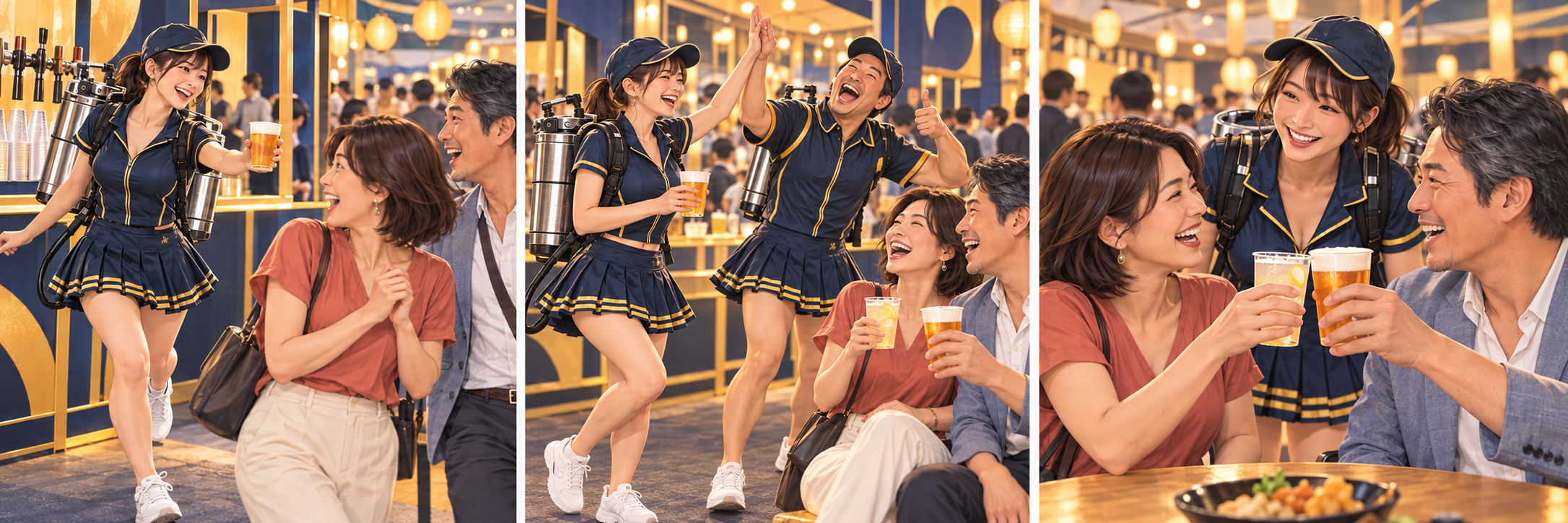 3場面。男女ともミニスカートの売り子を見つけ、仲間の掛け合いで笑い、ビールとソフトドリンクで乾杯する。男性スタッフの脚もすね毛を剃っている