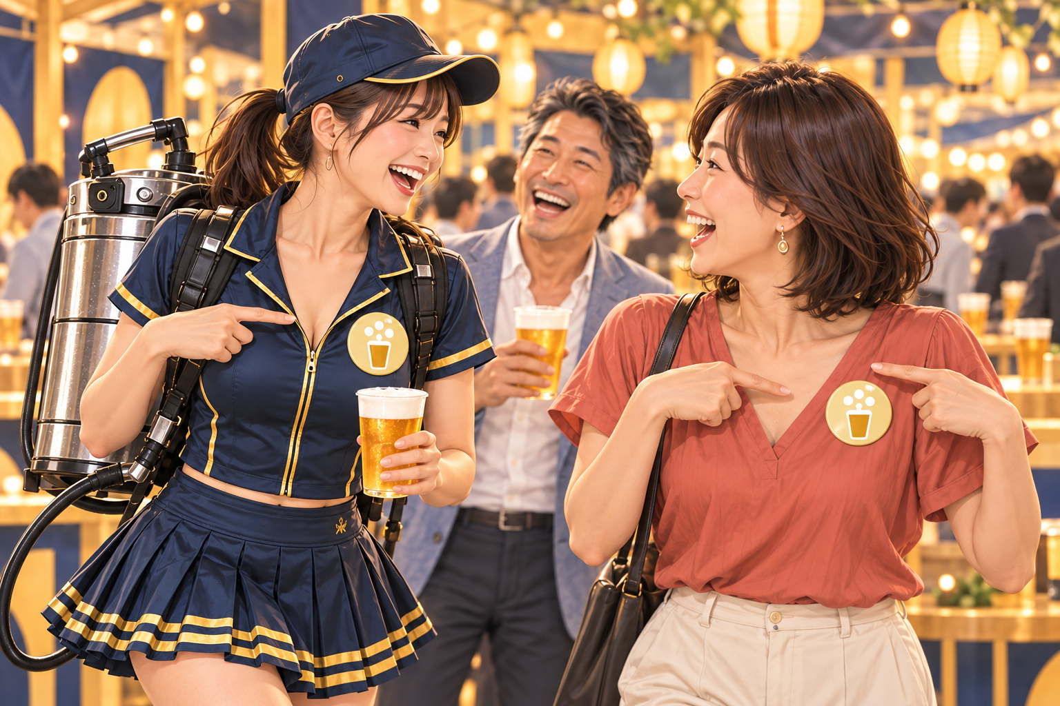 売り子と来場者が、胸元のおそろいの泡マークを指さして笑い合う