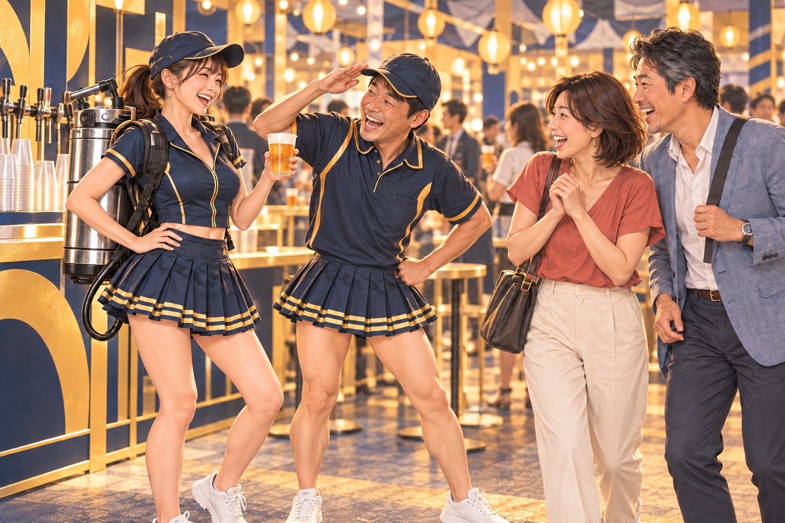 サーバーを担いだ女性と、ミニスカート姿ですね毛を剃った男性スタッフが、おどけたやりとりをして、来場者も一緒に笑う